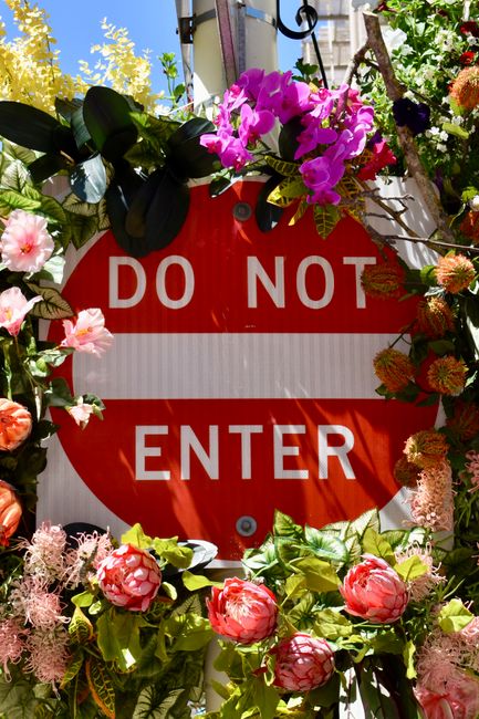 A vibrant floral arrangement surrounds a red and white 'Do Not Enter' traffic sign. The bouquet features pink and purple bougainvillea with bright green leaves, pink peonies, and other assorted flower